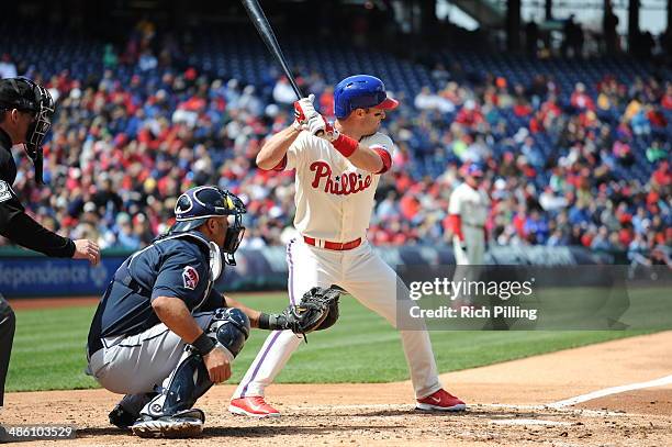 Jayson Nix of the Philadelphia Phillies bats during the game against the Atlanta Braves on April 17, 2014 at Citizens Bank Park in Philadelphia,...