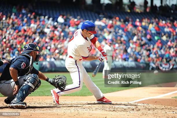 Jayson Nix of the Philadelphia Phillies bats during the game against the Atlanta Braves on April 17, 2014 at Citizens Bank Park in Philadelphia,...