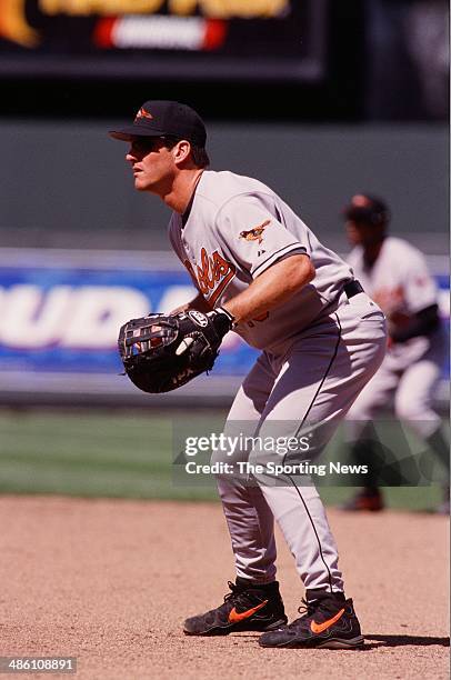 Jeff Conine of the Baltimore Orioles fields against the Kansas City Royals at Kauffman Stadium on April 13, 2000 in Kansas City, Missouri. The Royals...