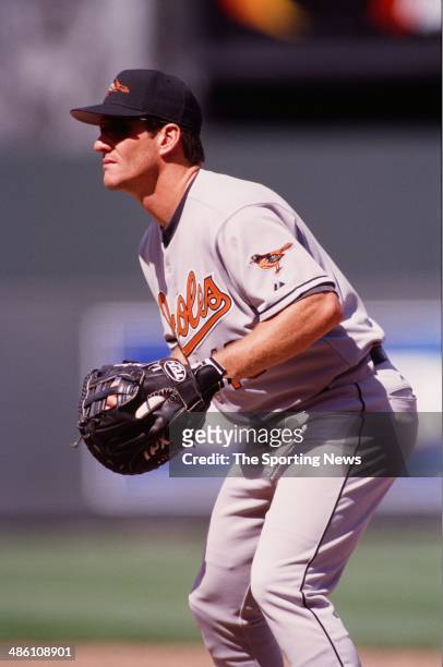 Jeff Conine of the Baltimore Orioles fields against the Kansas City Royals at Kauffman Stadium on April 13, 2000 in Kansas City, Missouri. The Royals...