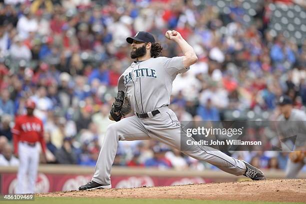 Joe Beimel of the Seattle Mariners pitches against the Texas Rangers at Globe Life Park in Arlington on April 17, 2014 in Arlington, Texas. The Texas...