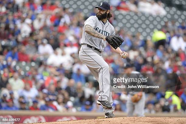 Joe Beimel of the Seattle Mariners pitches against the Texas Rangers at Globe Life Park in Arlington on April 17, 2014 in Arlington, Texas. The Texas...