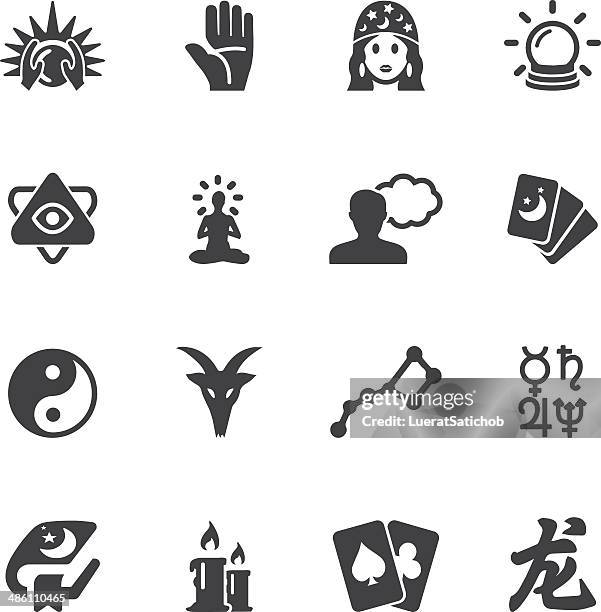 psychic fortune teller silhouette icons | eps10 - tarot cards stock illustrations