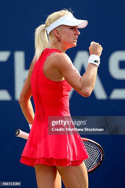 Urszula Radwanska of Poland reacts against Magda Linette of Poland during their Woman's Singles First Round match on Day One of the 2015 US Open at...