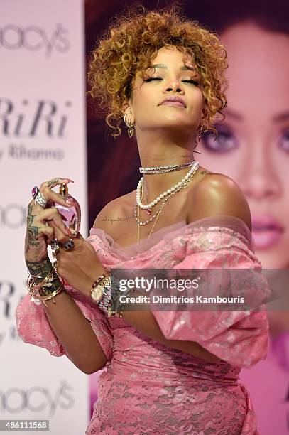 Musician Rihanna attends the RiRi by Rihanna fragrance unveiling at Macy's Downtown Brooklyn on August 31, 2015 in New York City.