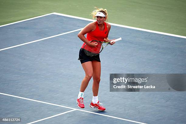 Coco Vandeweghe of the United States reacts after defeating Sloane Stephens of the United States in their Women's Singles First Round match on Day...