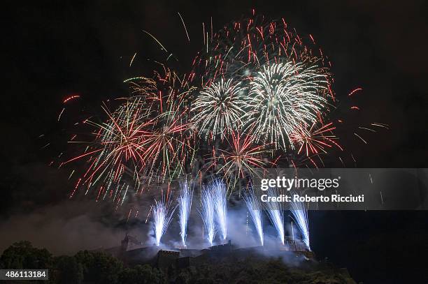 Fireworks over Edinburgh Castle marking the end of Edinburgh Festival during the annual closing concert at Ross Theatre on August 31, 2015 in...