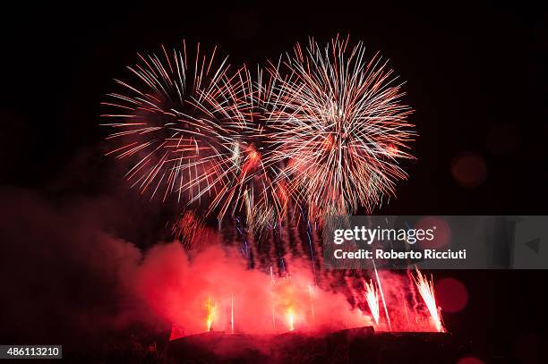 Fireworks over Edinburgh Castle marking the end of Edinburgh Festival during the annual closing concert at Ross Theatre on August 31, 2015 in...