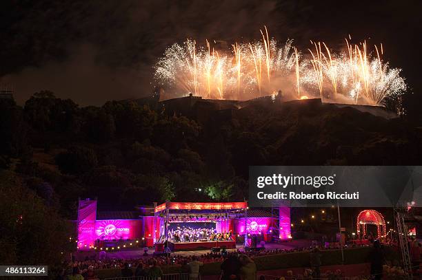 Fireworks over Edinburgh Castle marking the end of Edinburgh Festival during the annual closing concert at Ross Theatre on August 31, 2015 in...