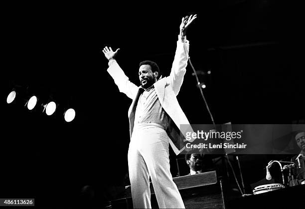 Marvin Gaye performs at the University of Detroit Fieldhouse in 1976 in Detroit, Michigan.