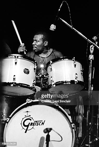 Drummer Elvin Jones performs at the Savoy Ballroom in January, 1975 in Detroit, Michigan.