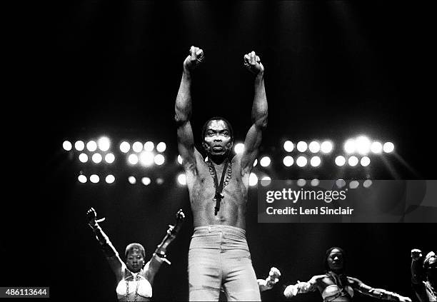 Musician Fela Kuti performs at Orchestra Hall in Detroit, Michigan, in 1986.