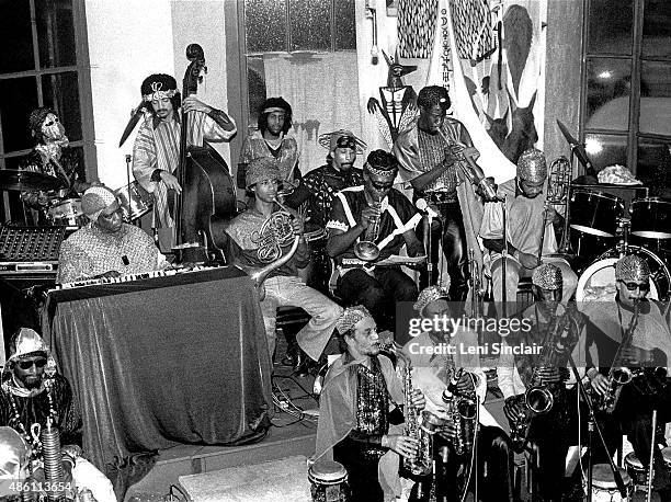 The Sun Ra Arkestra at the Detroit Jazz Center on December 31, 1979 in Detroit, Michigan. Back row from left: Eric Walker , Jaribu Shahid, Tani...