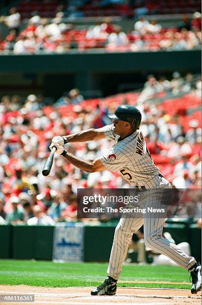 Tony Womack of the Pittsburgh Pirates bats against the St. Louis Cardinals at Busch Stadium on May 21, 1997 in St. Louis, Missouri. The Pirates...