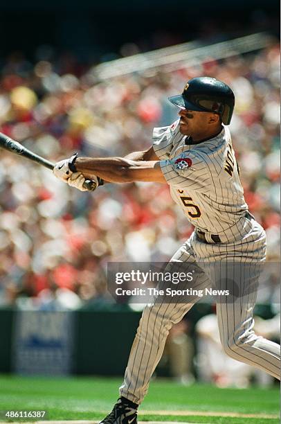 Tony Womack of the Pittsburgh Pirates bats against the St. Louis Cardinals at Busch Stadium on May 21, 1997 in St. Louis, Missouri. The Pirates...