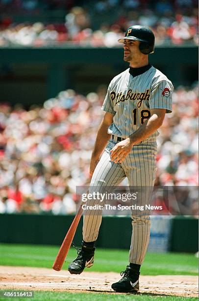 Jason Kendall of the Pittsburgh Pirates bats against the St. Louis Cardinals at Busch Stadium on May 21, 1997 in St. Louis, Missouri. The Pirates...