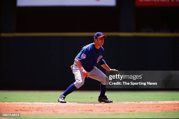 Mark Bellhorn of the Chicago Cubs fields against the St. Louis Cardinals at Busch Stadium on July 27, 2002 in St. Louis, Missouri. The Cubs defeated...