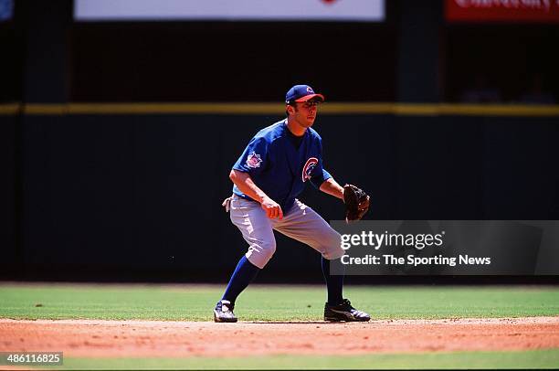 Mark Bellhorn of the Chicago Cubs fields against the St. Louis Cardinals at Busch Stadium on July 27, 2002 in St. Louis, Missouri. The Cubs defeated...