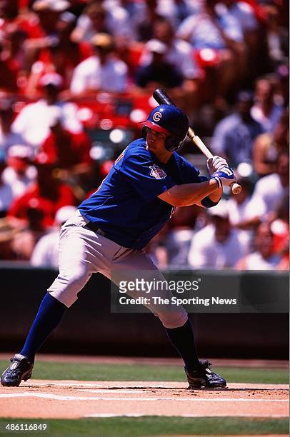 Mark Bellhorn of the Chicago Cubs bats against the St. Louis Cardinals at Busch Stadium on July 27, 2002 in St. Louis, Missouri. The Cubs defeated...