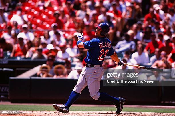 Mark Bellhorn of the Chicago Cubs bats against the St. Louis Cardinals at Busch Stadium on July 27, 2002 in St. Louis, Missouri. The Cubs defeated...