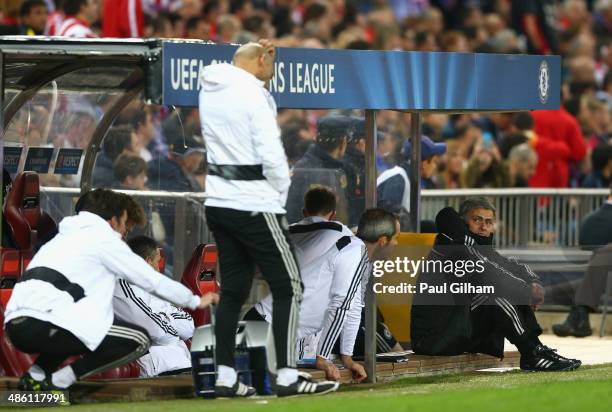 Manager Jose Mourinho of Chelsea looks dejected as he looks at his coaching staff during the UEFA Champions League Semi Final first leg match between...