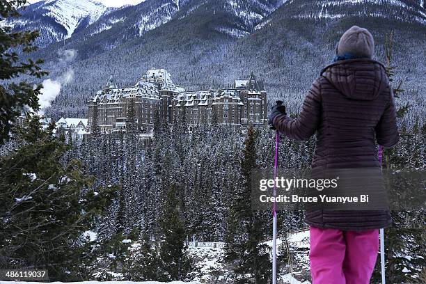 the view of fairmont banff spring hotel - climbing equipment stock pictures, royalty-free photos & images