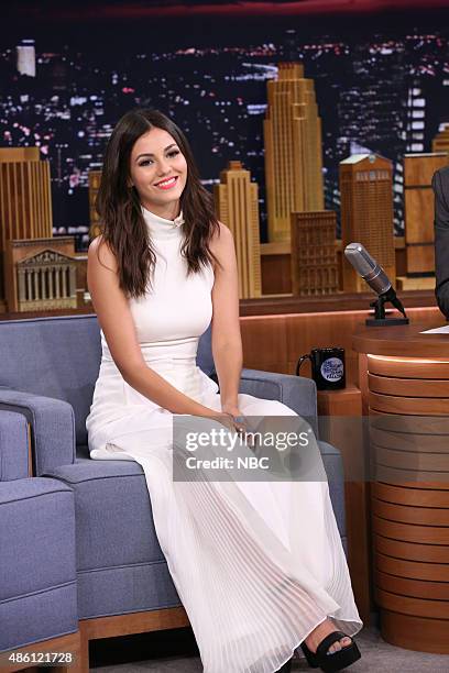 Justice Interview Actress Victoria Justice during an interview with host Jimmy Fallon ...
