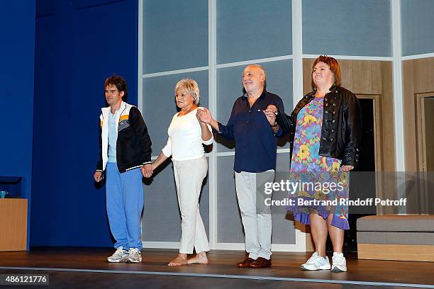 Actor and Writer Sebastien Thiery, Actress Muriel Robin, Actor Francois Berleand and Actress Ninie Lavallee perform during the 'Momo' Theater Play At...