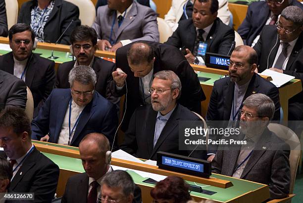 Iranian parliament speaker Ali Larijani attends the Opening Session of Fourth World Conference of Speakers of Parliament at the United Nations...
