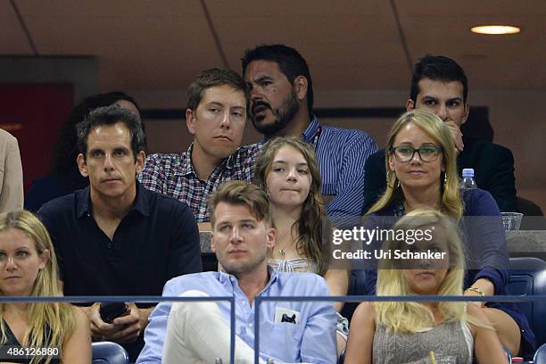 Ben Stiller, Ella Olivia Stiller and Christine Joan Taylor-Stiller are sighted on Arthur Ashe Stadium day 1 of the 2015 US Open at USTA Billie Jean...