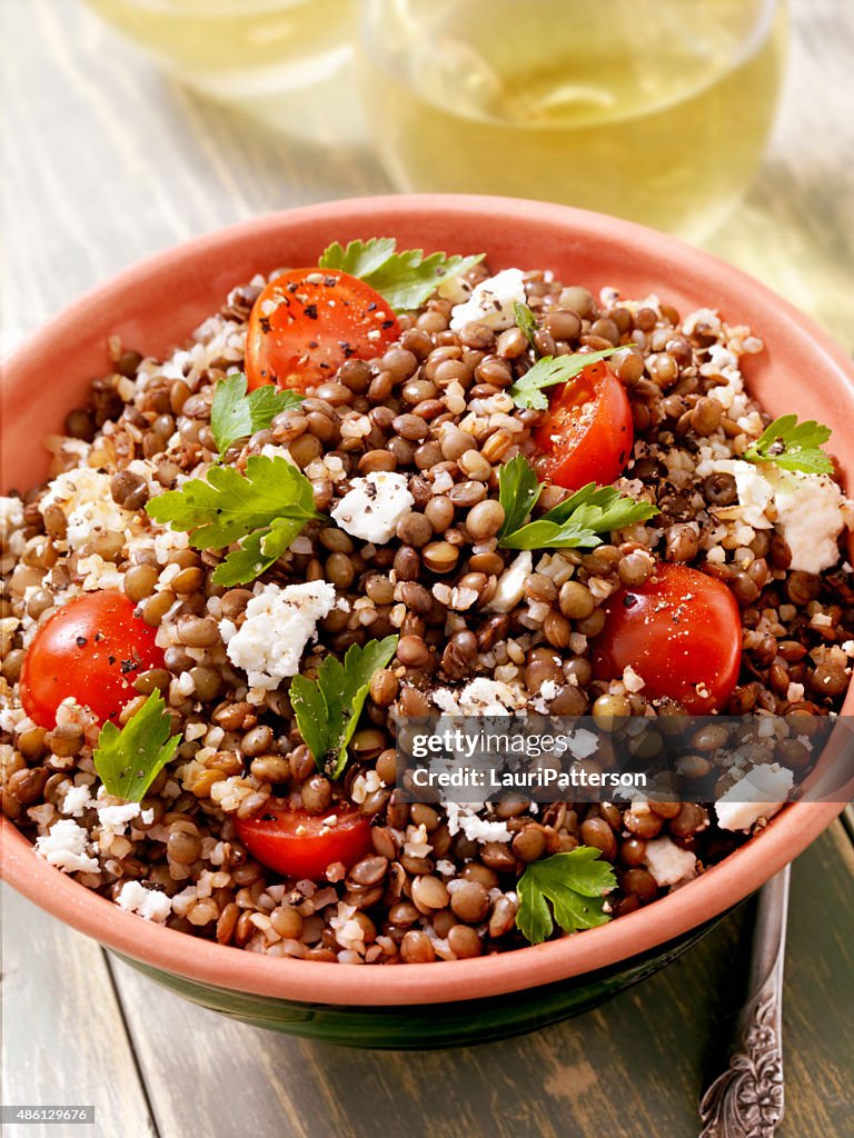 Lentil and Bulgur Salad with Feta and Fresh Spinach