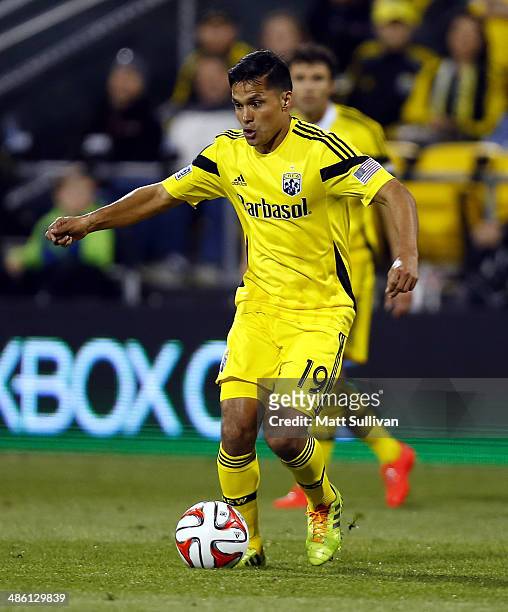 Forward Jairo Arrieta of the Columbus Crew controls the ball against DC United during the first half of their game at Columbus Crew Stadium on April...