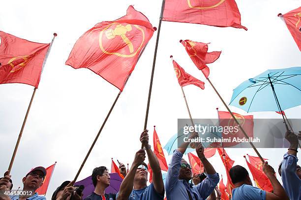 Worker's Party supporters wave the party flags after nomination is closed at Raffles Institution on September 1, 2015 in Singapore. Nomination day...