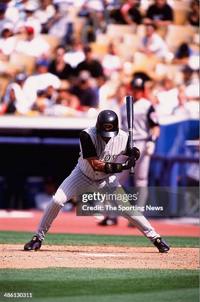 Tony Womack of the Arizona Diamondbacks bats against the Los Angeles Dodgers at Dodger Stadium on June 2, 2002 in Los Angeles, California.