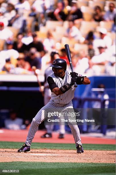 Tony Womack of the Arizona Diamondbacks bats against the Los Angeles Dodgers at Dodger Stadium on June 2, 2002 in Los Angeles, California.