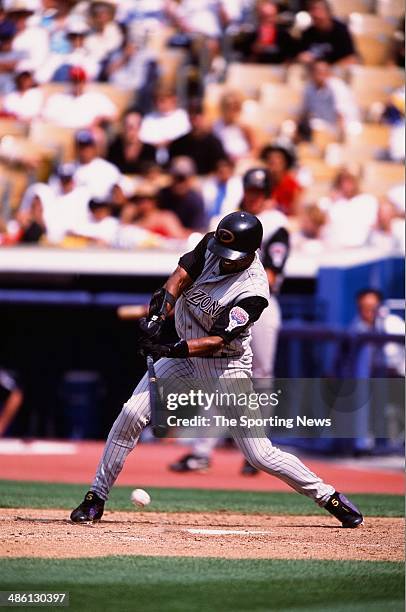 Tony Womack of the Arizona Diamondbacks bats against the Los Angeles Dodgers at Dodger Stadium on June 2, 2002 in Los Angeles, California.