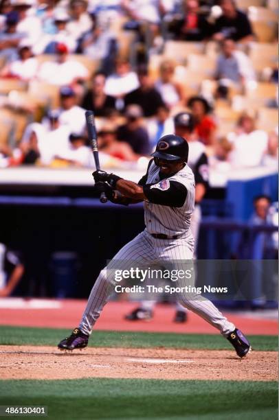 Tony Womack of the Arizona Diamondbacks bats against the Los Angeles Dodgers at Dodger Stadium on June 2, 2002 in Los Angeles, California.