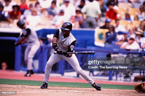 Tony Womack of the Arizona Diamondbacks bats against the Los Angeles Dodgers at Dodger Stadium on June 2, 2002 in Los Angeles, California.