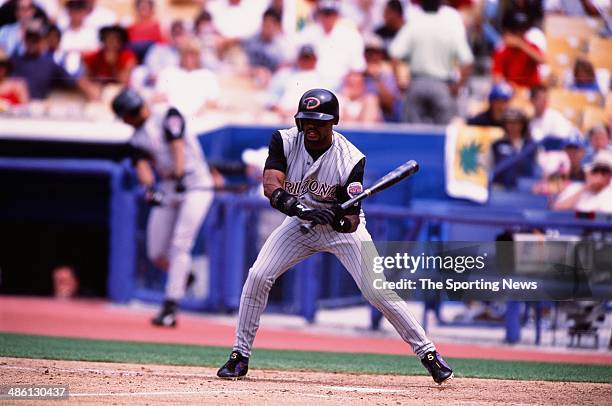 Tony Womack of the Arizona Diamondbacks bats against the Los Angeles Dodgers at Dodger Stadium on June 2, 2002 in Los Angeles, California.