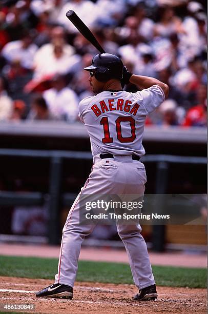 Carlos Baerga of the Boston Red Sox bats against the Detroit Tigers at Comerica Park on June 6, 2002 in Detroit, Michigan. The Red Sox defeated the...