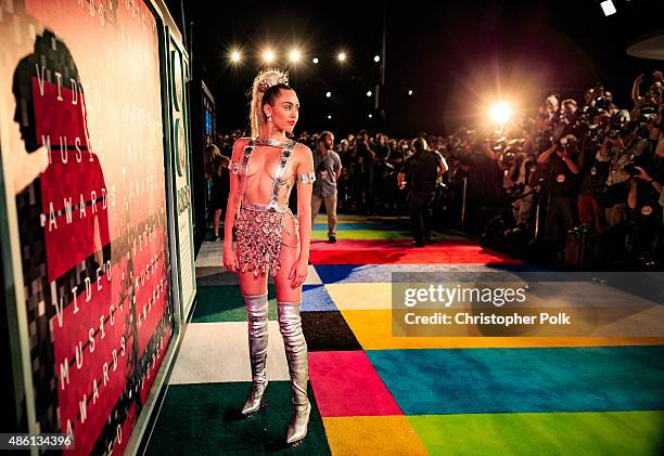 Host Miley Cyrus, styled by Simone Harouche, attends the 2015 MTV Video Music Awards at Microsoft Theater on August 30, 2015 in Los Angeles,...