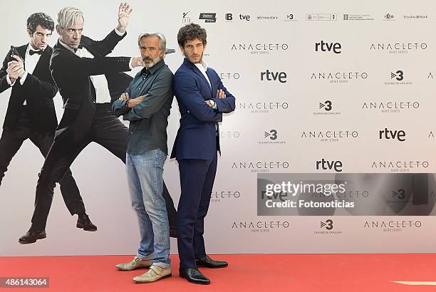 Actors Imanol Arias and Quim Gutierrez attend a photocall for 'Anacleto: Agente Secreto' at the Gran Melia Fenix Hotel on September 1, 2015 in...