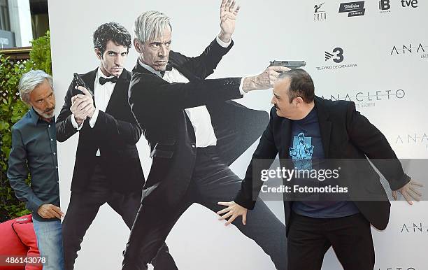 Actors Imanol Arias and Carlos Areces attend a photocall for 'Anacleto: Agente Secreto' at the Gran Melia Fenix Hotel on September 1, 2015 in Madrid,...