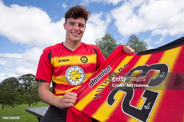 Partick Thistle's new loan signing Robbie Muirhead poses for photographs at Garscube Sports Complex on September 01, 2015 in Gascube, Glasgow,...