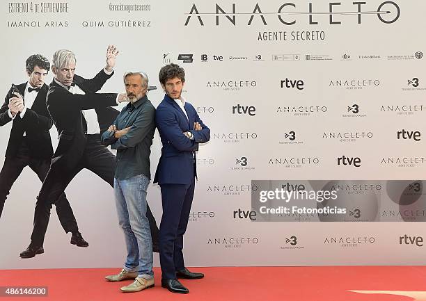 Actors Imanol Arias and Quim Gutierrez attend a photocall for 'Anacleto: Agente Secreto' at the Gran Melia Fenix Hotel on September 1, 2015 in...