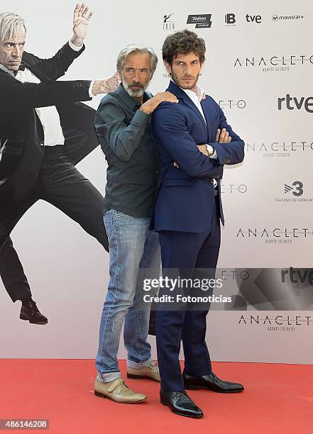 Actors Imanol Arias and Quim Gutierrez attend a photocall for 'Anacleto: Agente Secreto' at the Gran Melia Fenix Hotel on September 1, 2015 in...