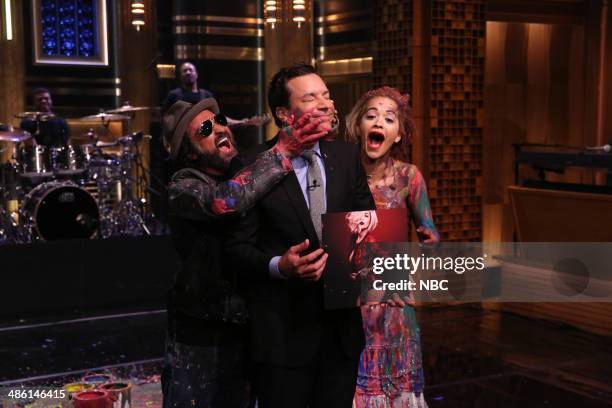 Episode 0042 -- Pictured: Artist Thierry Guetta aka Mr. Brainwash, host Jimmy Fallon and musical guest Rita Ora on April 22, 2014 -- ..