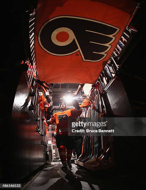 Andrew MacDonald of the Philadelphia Flyers leaves the ice following warmups prior to the game against the New York Rangers in Game Three of the...