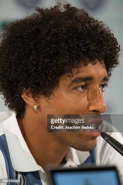 Dante talks to the media during a Press conference at Volkswagen Arena on September 1, 2015 in Wolfsburg, Germany.