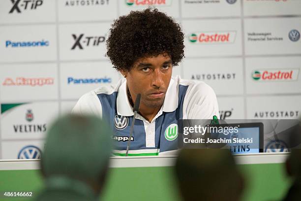 Dante talks to the media during a Press conference at Volkswagen Arena on September 1, 2015 in Wolfsburg, Germany.